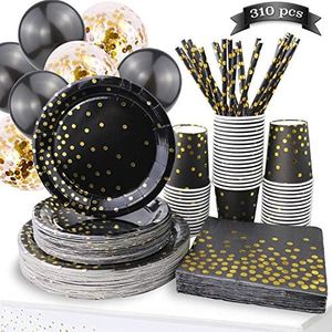 310PCS Black and Gold Party Supplies - Disposable Paper Plates Dinnerware Set Rose Gold Dots 50 Dinner Plates 50 Dessert Plates 50 Cups 50 Napkins 50 Straws 60 Balloons Birthday Party Wedding Holiday