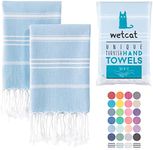 WETCAT Turkish Hand Towels with Hanging Loop (20 x 30) - Set of 2, 100% Cotton, Soft - Pre Washed Boho Farmhouse Kitchen Towels - Unique Decorative Hand Towels for Bathroom (Light Blue)