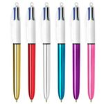 BIC 4 Colours Shine Retractable Ballpoint Pens, Medium Point (1.0 mm) - Assorted Metallic Barrels, Box of 12