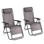VonHaus Zero Gravity Chairs Set of 2 - Grey Reclining Sun Loungers for Garden - Textilene Folding Sunloungers with Detachable Head Pillow - Fold Away 2 Set Deck Chairs for Outdoor, Patio & Decking