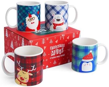 THE TWIDDLERS Set of 4 Assorted Christmas Mugs - 340ml Holiday Cups with Santa, Penguin, Teddy Bear, Reindeer Design - Secret Santa Xmas Party Gift