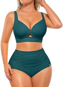 SHAPELLX High Waisted Bikini Sets Ruched Tummy Control 2 Piece Bathing Suit Twist Front Adjustable Wide Straps Swim Wear (Green, Large)