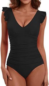 LAPHEE ROSE One Piece Swimsuit for Women Tummy Control Bathing Suits Ruched Swimwear, Style30-black, Medium