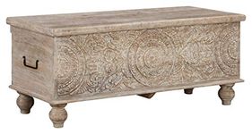 Signature Design by Ashley - Fossil Ridge Storage Bench - Solid Wood - Hinged Seat - Antique Beige Finish - Medallion Carvings