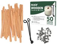 NOOR 50 Pieces Smokeless Wooden Wicks for Candle Making with Trimmer and 5.1 X 0.2 inch Booster - 5.1 X 0.5 inch Crackling Wood Wick for DIY Candles with 50pcs Metal Clips and a Trimmer