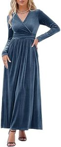 OUGES Womens Long Sleeve Wrap V Neck Velvet Dress Wedding Guest Maxi Dress(Velvet Haze Blue,L)