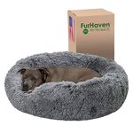 Furhaven Pet Bed for Dogs and Cats - Plush Long Faux Fur Round Ultra Calming Deep Dish Cushion Donut Dog Bed with Removable Washable Cover, Gray, Large