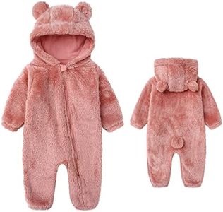Newborn Baby Warm Puffer Cotton Fleece Hooded Romper Cute Bear Ear Jumpsuit for Baby Girl Boy Pink 0-3M