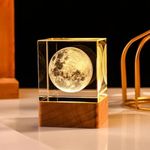 LONGWIN 3D Crystal Galaxy Moon Cube Night Light, Glass Laser Engraved Crystal Moon Space Lamp 50mm Cube with Wooden Led Light, Crystal Astronomy Gifts for Women Men Friend Birthday Christmas