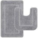 Pauwer Microfiber Soft Bath Mat Set 2 Piece Absorbent Bathroom Contour Rug Non Slip Washable Bath Shower Mat and U-Shaped Toilet Rug (Grey, 53 x 86 cm+50 x 50 cm)