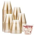 MATANA 120 Premium Clear Hard Plastic Cups, Plastic Party Cups with Gold Glitter (255ml / 9oz) - Reusable Plastic Glasses, Tumblers, Gold Cups for Drinks, Cocktail, Dessert, Wedding, Parties