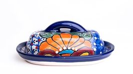 MEXTEQUIL - Butter Dish Ceramic Talavera with Lid Hand Painted Authentic Mexican Pottery Kitchen Floral Design (Blue)