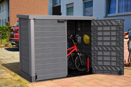 Duramax Cedargrain 1200L Plastic Garden Storage Shed – Grey, Flat Lid, Fits 2x 240L Bins, 145x85x125cm