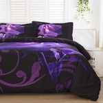 WONGS BEDDING Purple Comforter Set Twin Reversible Purple Rose Pattern Printed Bedding Down Comforter with 1 Pillowcases for All Seasons, Soft Microfiber Filling Bedding Set 90"x68"