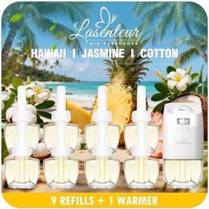 Plug-in Air Freshener Starter Kit, 1 Warmer and 9 Essential Oil Refills, Hawaiian, Jasmine, Cotton Scents for Home, Bathroom and Office, Compatible with Air Wick,Compatible with Glade