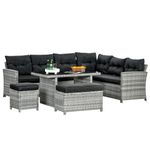 Outsunny 5 Pieces PE Rattan Garden Furniture Set with Corner Sofa, Patio Sofa Set with Glass Table, Stools, Cushions, for Poolside, Mixed Grey