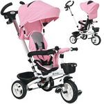 Qaba Toddler Tricycle, 6 in 1 Kids Trike, Foldable Converts Stroller to Toddler Bike, Detachable Guardrail & Handle & Canopy, Safety Harness, Brake for 1-5 Years Old, Pink