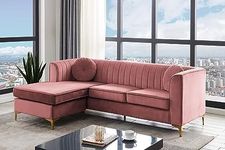 CARPANELLI Wooden Bazar Modern Tufted 3 Seater l Shape Fabric Valvet Chesterfield Sofa for Home & Living Room & Office (Rose Pink)