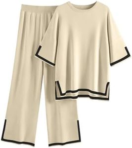 LILLUSORY Womens Two Piece Outfits Short Sleeve Knit Sweater Top Wide Leg Pants Lounge Sets, Apricot, Medium