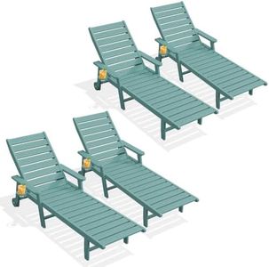 PLUUV HDPE Outdoor Lounge Chairs Set of 4, Patio Chaise Lounge Chairs for Outdside with 5-Position Adjustable Backrest & Cup Holders & Wheels for Patio, Deck, Poolside, Backyard -Aruba Blue