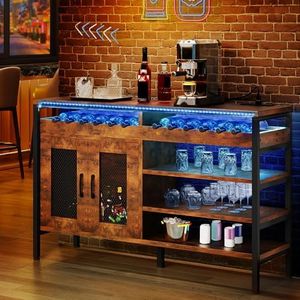 YITAHOME 55" Industrial Coffee Bar Cabinet with Led Lights and Power Outlets, Liquor Cabinet w/Doors Wine Rack Storage Sideboard Buffet Cabinet Wine Cabinets for Home Dining Living Room