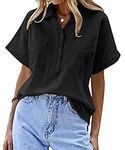 Chigant Cotton Linen Blouses for Women Short Sleeve Henley Shirts Button Down V Neck Casual Work Tops with Two Pockets Black