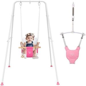 RAGOZONERY 2 in 1 Baby Jumper with Toddler Swing, Baby Jumpers and Bouncers,Indoor Outdoor Toddler Swing Set（Pink）