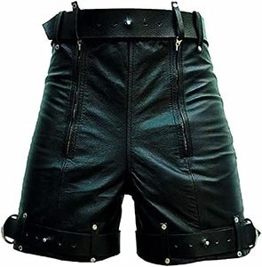 Mens Real Black Leather Short Chastity Bondage Shorts with Locking Rear Zip BLUF Gay (Waist Size 42", Black)