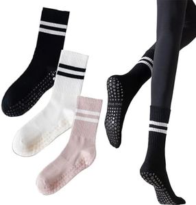 KAHEYQI Yoga Socks with Grips for Women, Non Slip Crew Socks for Pilates, Workout, Pure Barre, Ballet, Dance, Hospital (3 Pairs)