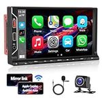 【Upgrade Wireless】 Double Din Car Stereo with Carplay Android Auto, 7 inch Touch Screen Radio 2Din Bluetooth, Support USB/AUX/Subwoofer Output+External Microphone+Rear View Camera