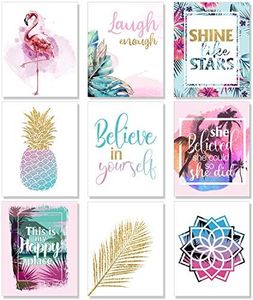 Outus Set of 9 Inspirational Prints Teen Girl Room Wall Art Flamingo Pineapple Leaf Motivational Phrases Posters Girls Bedroom Home Decorations Unframed, Multicolor