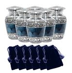 NWA Cremation Urn, Keepsake Urns, Blue and Silver Finish, Set of 6 with Velvet case