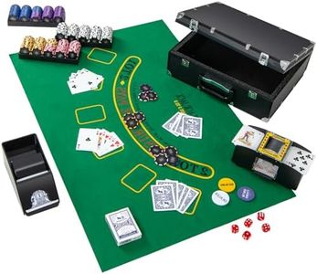 HOMASIS Juego de póquer 300 fichas, Maletín de póquer con 2 mazos de Cartas, 5 Dados, botón de crupier, tapete, barajador y crupier, Set Poker para Texas Hold'em Profesional, 39x31,5x13,5cm, Negro