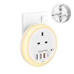 SIYOMG European to UK Plug Adapter with LED Night Light, 5 in 1 Plug Extension Sockets with 4 USB, Wall Outlet Charger Power Extender for Travel France, Italy, Spain, Germany