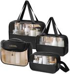 Portable Clear Travel Toiletry Bag - 4 Piece Waterproof PVC+PU Cosmetic Set for Men and Women - Full Size Essentials Bag Ideal for Holidays (Black)