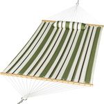 Prime Garden Quilted Fabric Hammock W/Pillow, Hardwood Spreader Bars, 2 People, Olive/White Stripe