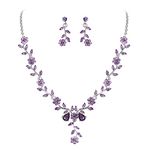 BriLove Women's Wedding Jewellery Set Vine Leaf Cluster Flower Crystal Dangle Earrings Pendant Necklace Set for Bridal Purple Silver-Tone