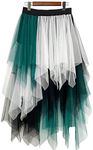 LBKKC Women's Tulle Skirt Black Green Formal High Low Asymmetrical Midi Witch Skirt Tea-Length Elastic Waist Tutu Skirt