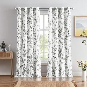 Melodieux Floral Curtains 84 Inches Long for Living Room, Farmhouse Grey Apricot Flower Print White Decorative Grommet Drapes, 52x84 Inch, 2 Panels