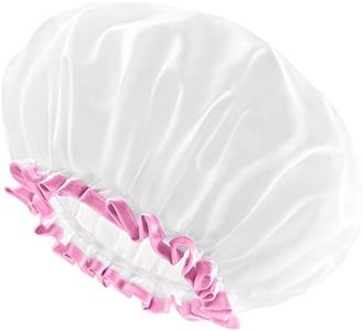 mikimini White Large Shower Caps for Women Long Hair Pack of 2, Reusable Waterproof Double Layers Bathing Hair Cap Soft Comfortable PEVA Lining, Cute, Non-fading & Stretchy Shower Hat X-Large