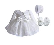 Cinda Baby Girls Ivory Lace Christening Party Dress Bonnet with Bolero and Shoes 0-3 Months