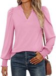 ANRABESS Women's Puff Long Sleeve Shirts V Neck Loose T-Shirts Dressy Casual Work Blouses 2024 Fall Tops Trendy Clothes Pink M