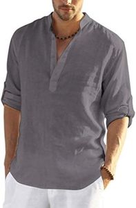 COOFANDY Men's Cotton Linen Henley Shirt Long Sleeve Hippie Casual Beach T Shirts Dark Gray