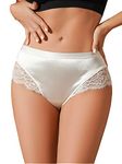 Milumia Women Sexy Lace Satin Silk Panties Underwear Mid Waist Breathable Bikini Briefs, White, Large