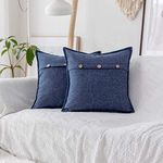 Home Brilliant Throw Pillow Covers 18 x 18 Buttons Decorative Pillow Cover Dark Blue Burlap Linen Cushion Covers Farmhouse Decoration, 18x18 inch (45cm), Set of 2, Navy Blue