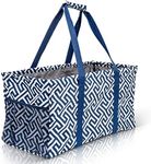 Lucazzi Extra Large Utility Tote Bag - Oversized Collapsible Reusable Wire Frame Rectangular Canvas Basket With Two Exterior Pockets For Beach, Pool, Laundry, Car Trunk, Storage - Geo Navy Blue