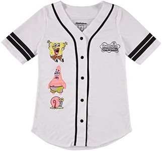 SpongeBob SquarePants Ladies Baseball Jersey - Spongebob, Mr Krabs, Squidward, Patrick - Mesh Button Down Baseball Jersey, White Baseball, Large