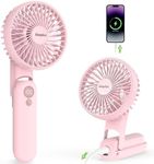 EasyAcc Portable Fan for Travel,Rechargeable Handheld Fan, 5 Speed Ultra Quiet 3-18H with Backup Power Battery Digital Display Foldable Personal Fan Lanyard Neck Fan Hot Flashes Gift Outdoor Pink