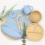 Bamboo/Silicone Baby Feeding Set - Suction Bamboo Divided Plate- Suction Bamboo Bowl - 2-in-1 Water Cup- Bib Wooden Spoon- Fork Tableware Set Perfect Baby Gift Set - BPA-Free (Dusty Blue)…