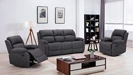 Furnishings For Less UK New Alaska Suede Fabric 3 Piece Sofa Suite | Manual Reclining Armchairs + Static 3 Seater Seater Sofa High Back Grey